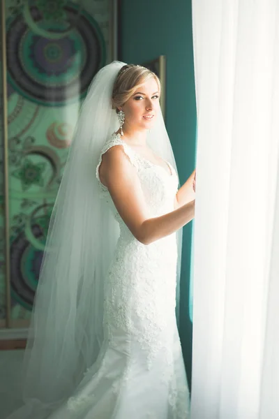 Retrato de noiva bonita com véu de moda na manhã do casamento — Fotografia de Stock