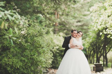 Yeni evli çift el ele tutuşurken parkta koşup zıplıyorlar.