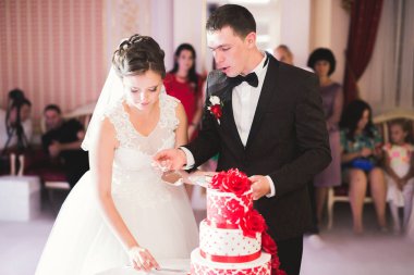 Gelin ve damat düğün pastasını kesiyor.