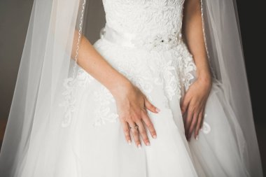 Tüylü, lüks makyaj, saç stili, stüdyo içi fotoğraf çekimi olan güzel bir gelin.