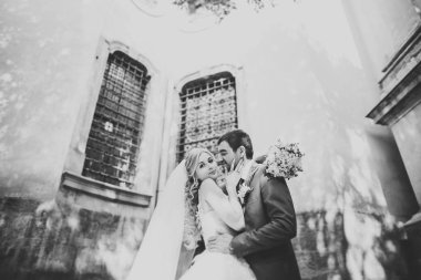 Mükemmel bir çift gelin ve damat düğün günlerinde poz verip öpüşürler.