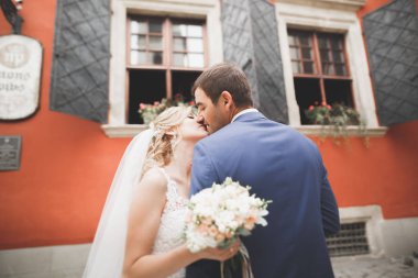 Lüks evli çift, gelin ve damat eski şehirde poz veriyor.