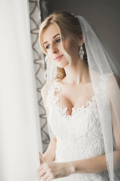 Novia de lujo en vestido blanco posando mientras se prepara para la ceremonia de boda —  Fotos de Stock