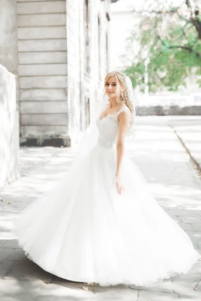 Hermosa novia girando con vestido perfecto en el parque —  Fotos de Stock