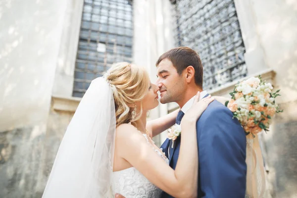 Perfektes Paar Braut, Bräutigam posiert und küsst sich am Hochzeitstag — Stockfoto