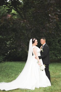 Botanik parkında yürüyen mutlu bir çift.