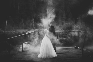 Mükemmel bir çift gelin ve damat düğün günlerinde poz verip öpüşürler.