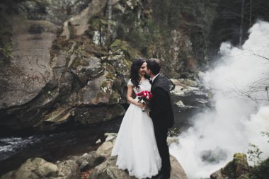 Öpüşen düğün çifti güzel manzarada kalıyor.