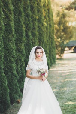 Parkta poz veren gelinlikli güzel, lüks bir gelin.