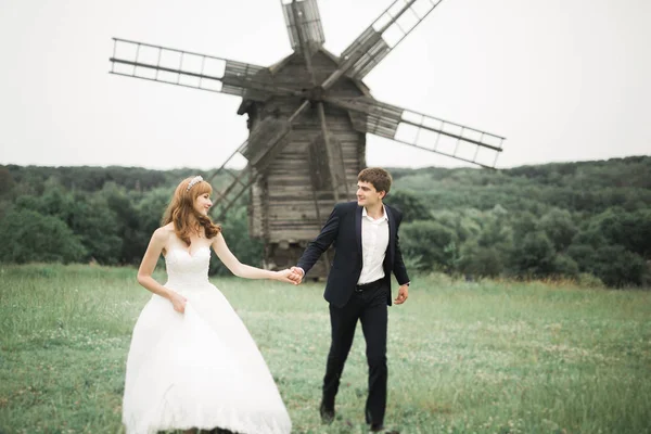 Casal lindo casamento, noiva e noivo posando no campo durante o pôr do sol — Fotografia de Stock