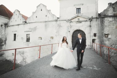 Şehvetli evli çift, eski Slav kalesinin önünde sevgililer günü kucaklaşması.