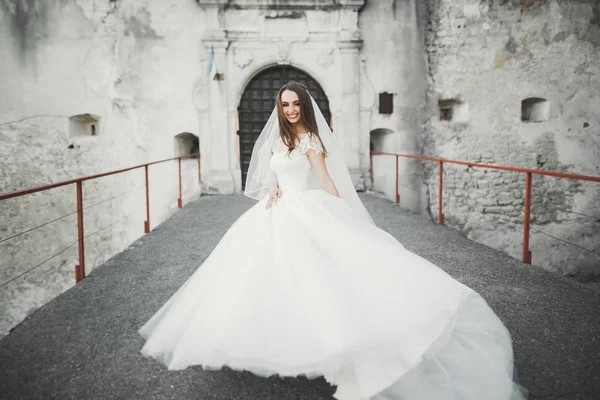 Hermosa novia de lujo en vestido blanco elegante — Foto de Stock
