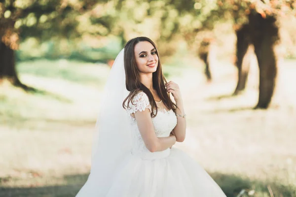 Beautiful bride posing in wedding dress outdoors — Stock Photo, Image