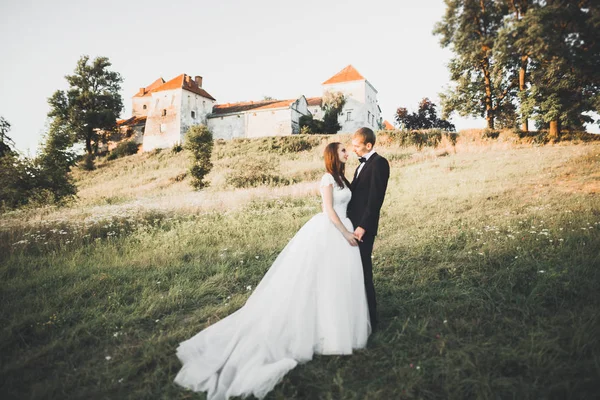 Incrível feliz suave elegante lindo casal caucasiano romântico no fundo antigo castelo barroco — Fotografia de Stock