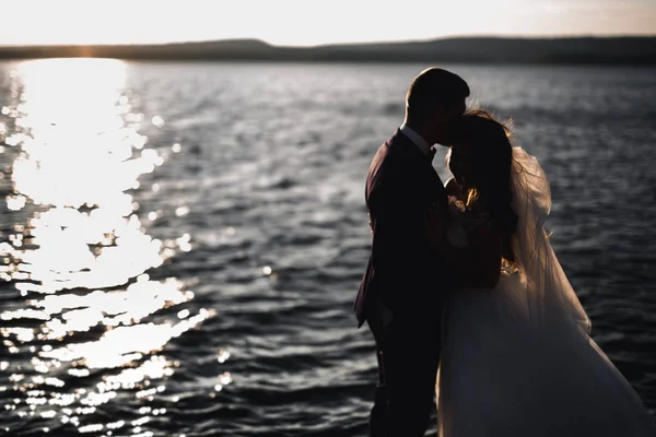 Şık, şık, mutlu bir düğün çifti, gelin, deniz ve gökyüzünün arka planında muhteşem bir damat. — Stok fotoğraf