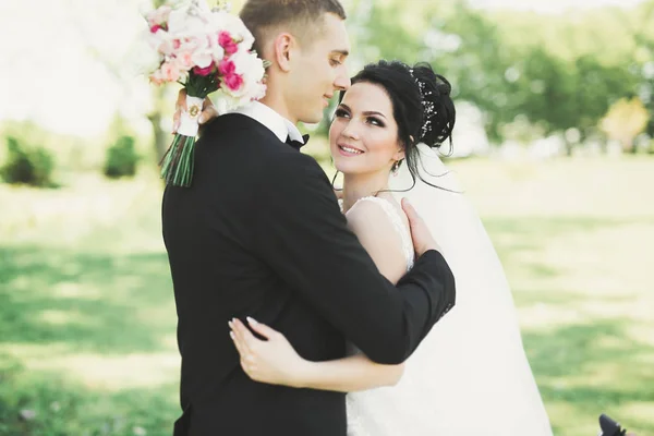 Romántico, cuento de hadas, feliz pareja recién casada abrazándose y besándose en un parque, árboles en el fondo — Foto de Stock