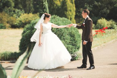 Parkta poz veren zarif beyaz elbiseli güzel gelin.