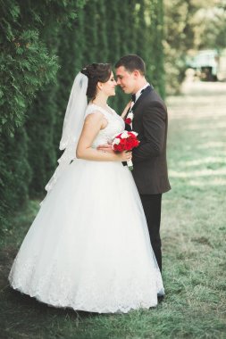 Yeni evli çift el ele tutuşurken parkta koşup zıplıyorlar.