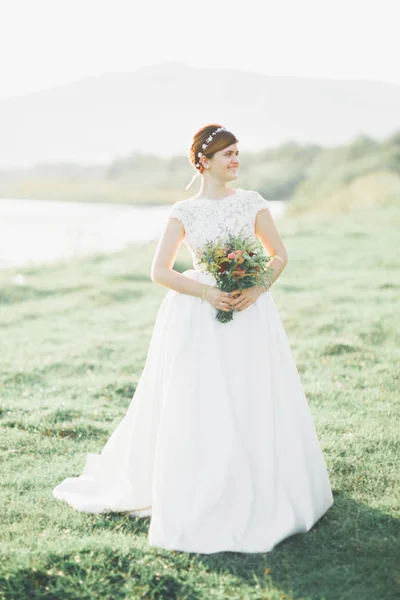 Sposa in abito da sposa in posa su erba con bel paesaggio sfondo — Foto Stock