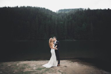 Mükemmel bir çift gelin ve damat düğün günlerinde poz verip öpüşürler.