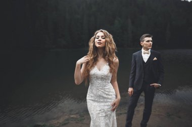 Harika bir gelin damada poz veriyor ve harika manzaralı dağlarda lüks bir tören yapıyor.