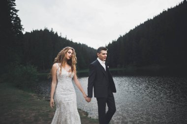 Mükemmel bir çift gelin ve damat düğün günlerinde poz verip öpüşürler.