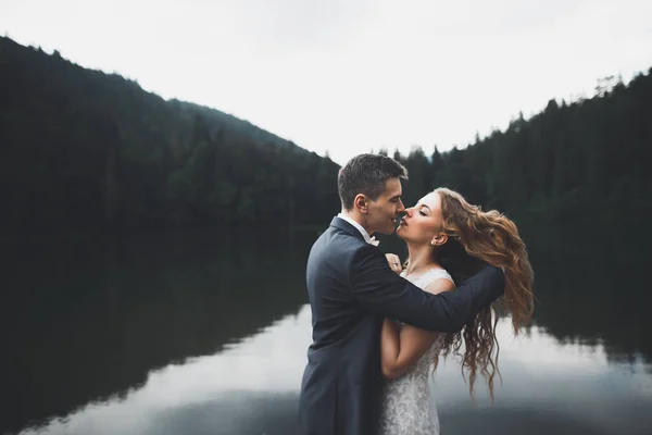 Joyeux couple de mariage posant sur un beau paysage dans les montagnes — Photo