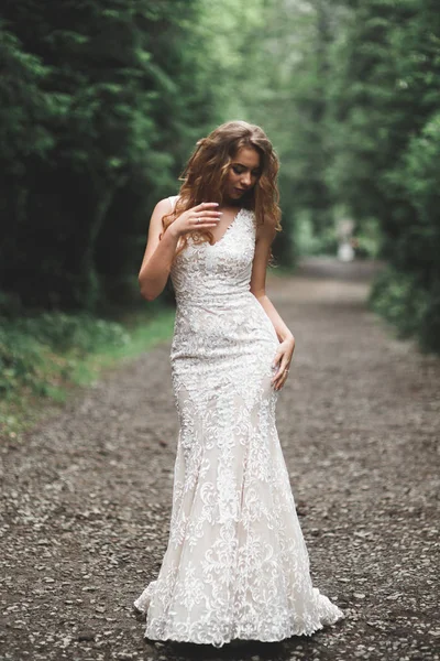 美しい花嫁は屋外でウェディングドレスを着てポーズ — ストック写真