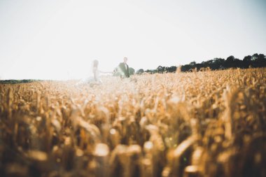 Güzel çift genç gelin ve damat günbatımı arka plan üzerinde. Güzel gökyüzü