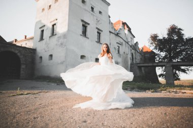 Muhteşem romantik zarif stil güzel beyaz gelin arka planda antik barok kalesinde