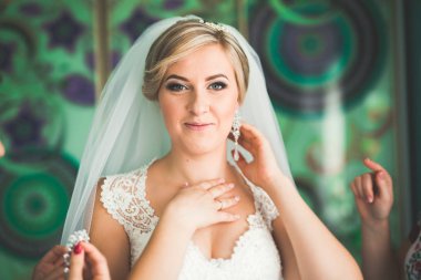 Tüylü, lüks makyaj, saç stili, stüdyo içi fotoğraf çekimi olan güzel bir gelin.