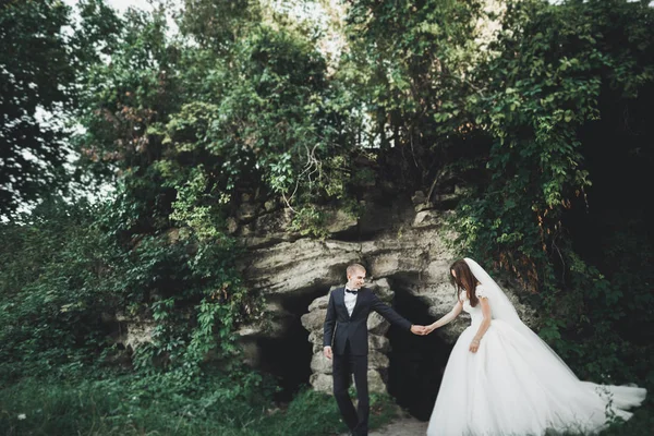 Pareja perfecta novia, novio posando y besándose en el día de su boda —  Fotos de Stock