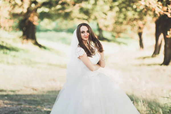 Hermosa novia en elegante vestido blanco posando en el parque — Foto de Stock