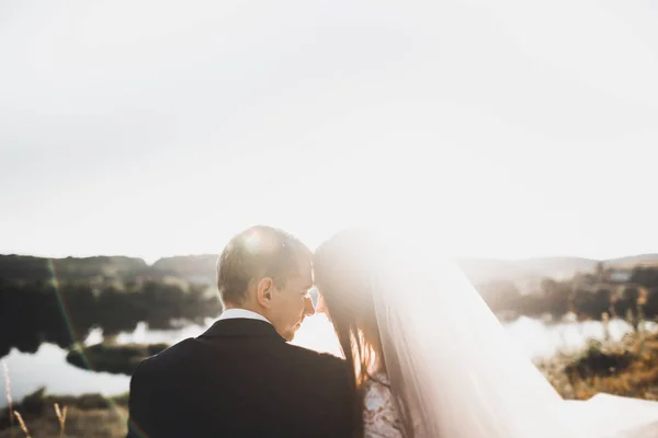 Hermosa pareja romántica de recién casados abrazándose en el parque en la puesta del sol —  Fotos de Stock