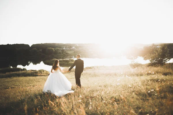 Hochzeitspaar posiert bei Sonnenuntergang am Hochzeitstag. Braut und Bräutigam verliebt — Stockfoto