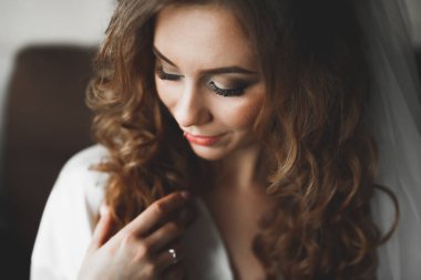 Güzel moda peçe düğün sabah gelinle portresi. Gelinlik.