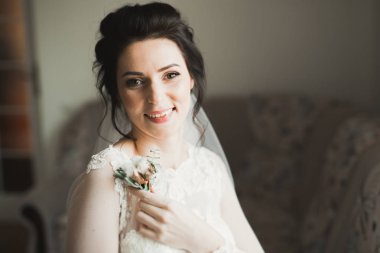 Tüylü, lüks makyaj, saç stili, stüdyo içi fotoğraf çekimi olan güzel bir gelin.