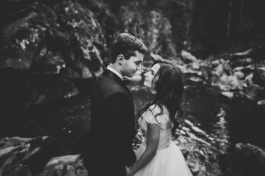 Şık şık mutlu esmer gelin ve dağlarda güzel bir nehir arka plan üzerinde muhteşem damat