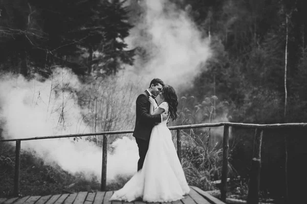 Романтическая, сказочная, счастливая молодожёны обнимаются и целуются в парке, деревья на заднем плане — стоковое фото