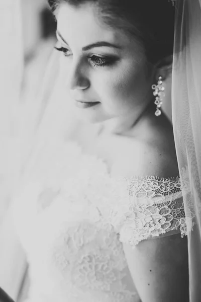 Novia de lujo en vestido blanco posando mientras se prepara para la ceremonia de boda — Foto de Stock