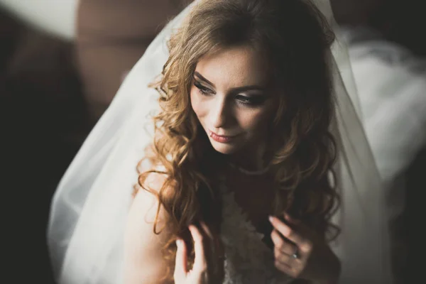 Retrato de bela noiva com véu de moda na manhã do casamento. Vestido de casamento . — Fotografia de Stock