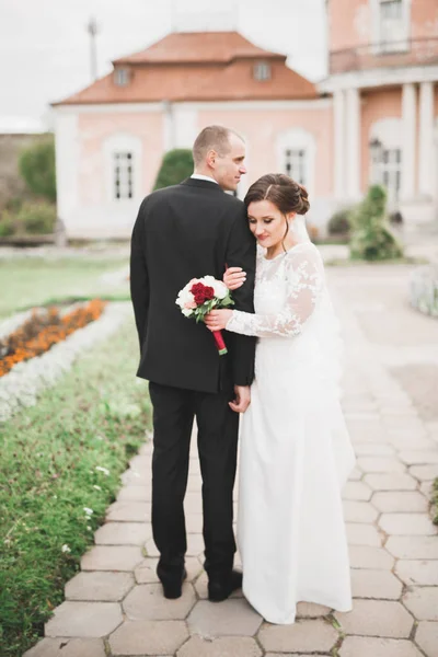 Incroyable heureux doux élégant beau couple romantique caucasien sur le fond ancien château baroque — Photo