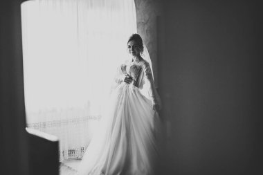 Tüylü, lüks makyaj, saç stili, stüdyo içi fotoğraf çekimi olan güzel bir gelin.