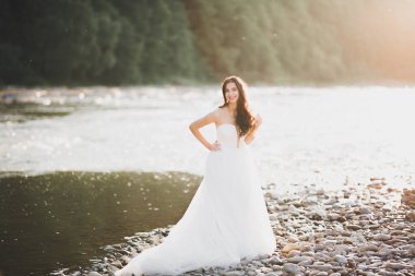 Gelinin güzel portresi moda gelinliği içinde tüylü, lüks makyaj ve saç stili.