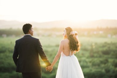 Düğün günü el ele tutuşan çift, damat ve gelin.