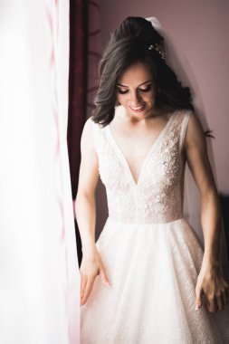 Tüylü, lüks makyaj, saç stili, stüdyo içi fotoğraf çekimi olan güzel bir gelin.