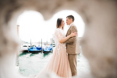 Romantik düğün anı, yeni evli çiftin gülümseyen portresi, gelin ve damadın kucaklaşması