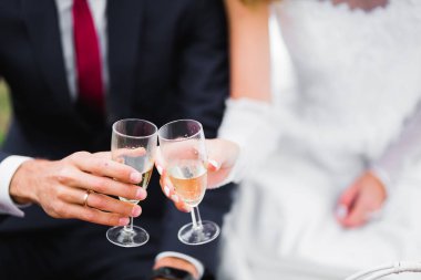 Gülen düğün çifti şampanya kadehleriyle şıngırdıyor.