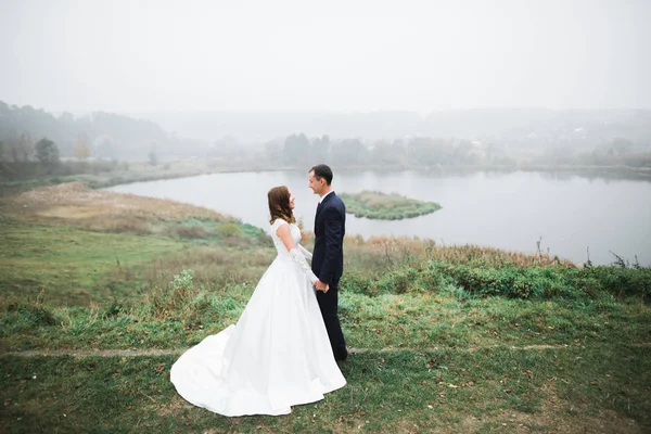 Romántico, cuento de hadas, feliz pareja recién casada abrazándose y besándose en un parque, árboles en el fondo —  Fotos de Stock