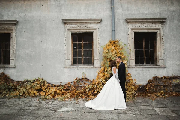 Beautiful bride and groom embracing and kissing on their wedding day